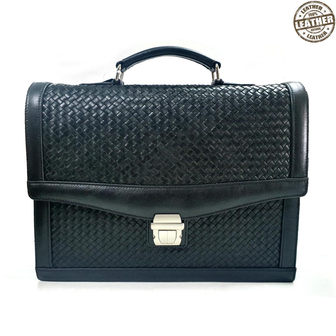 Genuine Braided Leather Briefcase/ Office Bag (Black)