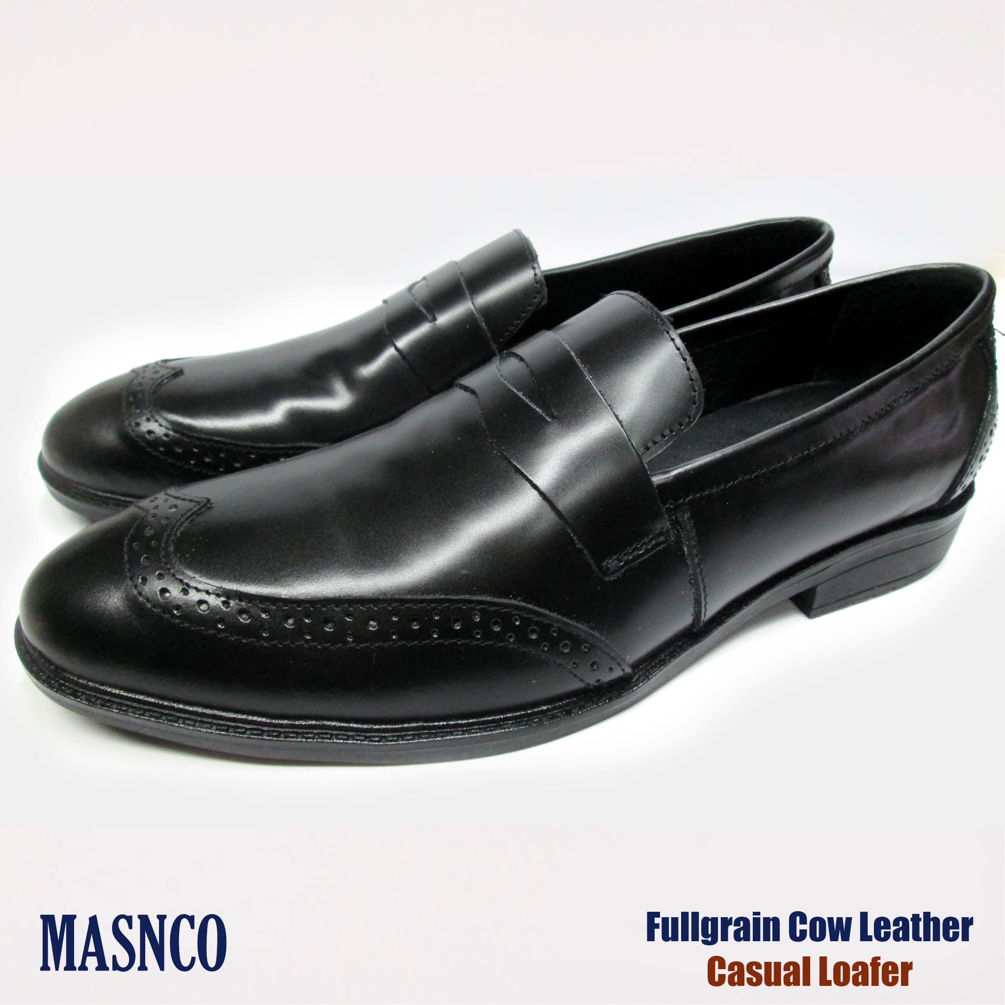 Semi Brogue Leather Loafer in Black
