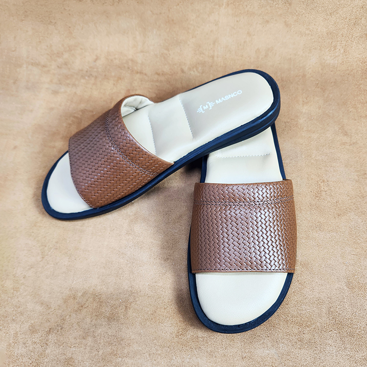 Leather Slider with maximum comfort in Printed Light Brown