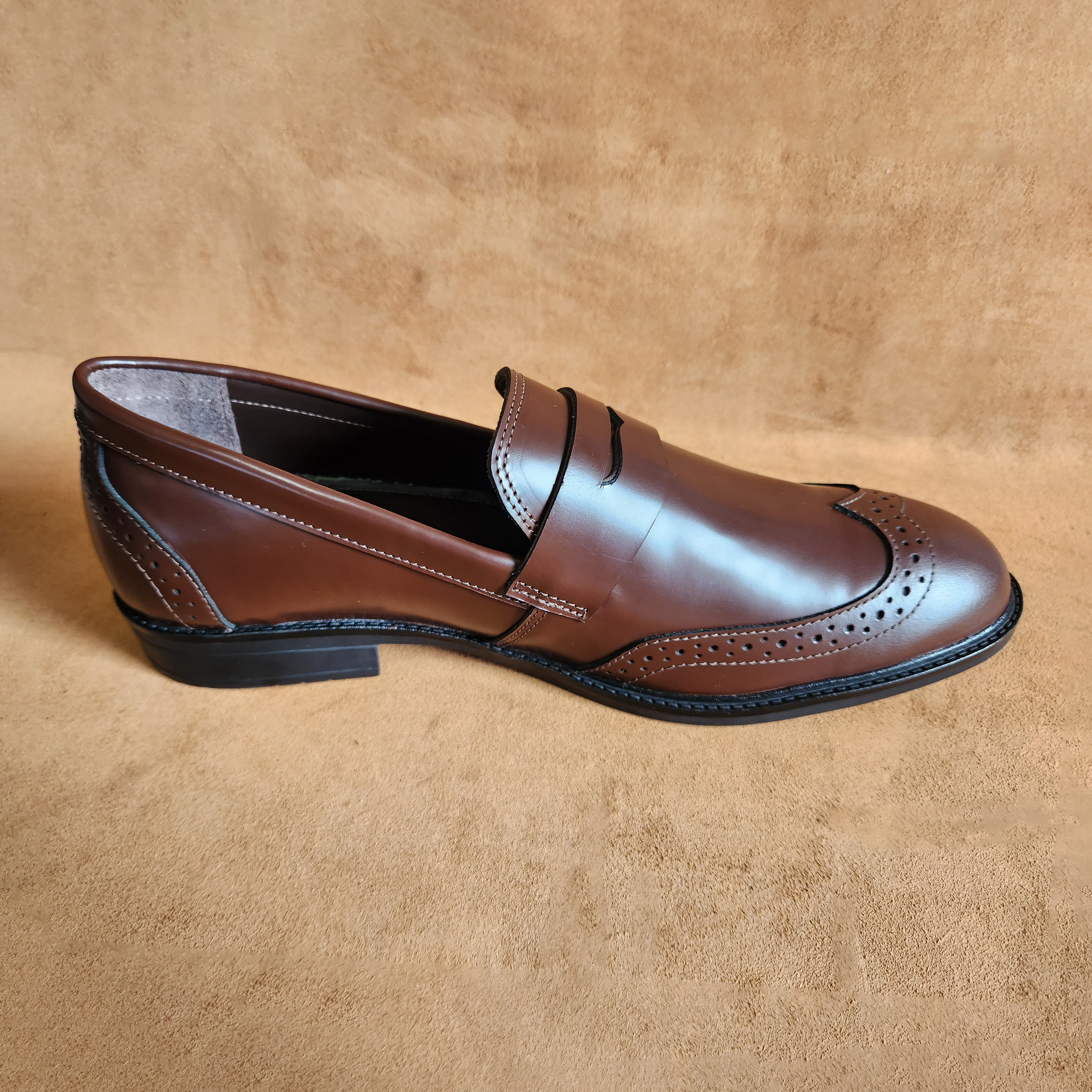 Semi Brogue Leather Loafer in Dark brown