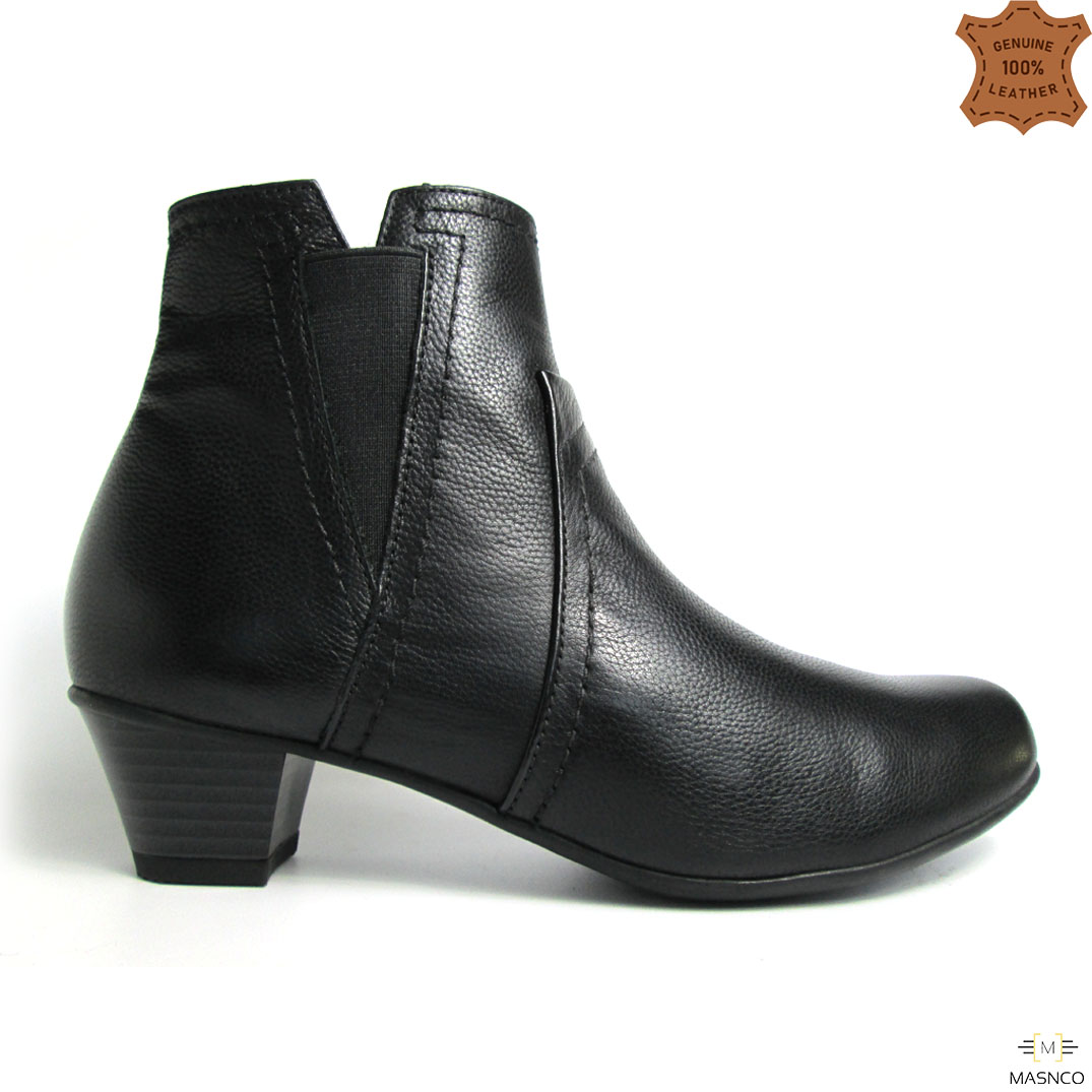 Medium Heel Leather Boot For Women (Black)